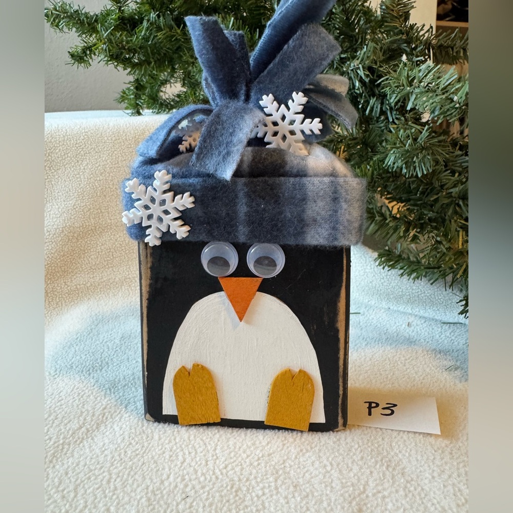 Winter Penguin with Blue Hat and Snowflakes Handmade